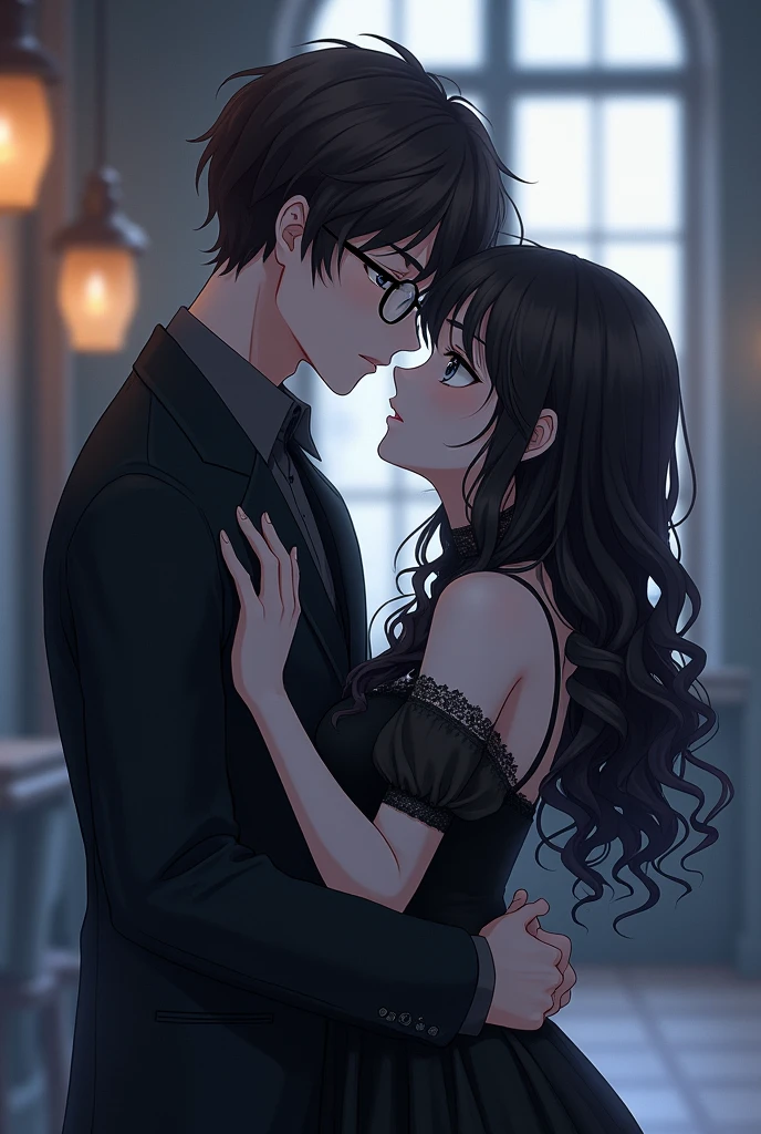 Una chica gotica de White skin y ojos grises, Long hair, black curly and big breasts,lovingly hugging her brown-haired boyfriend, White skin, Brown eyes, and anime style glasses