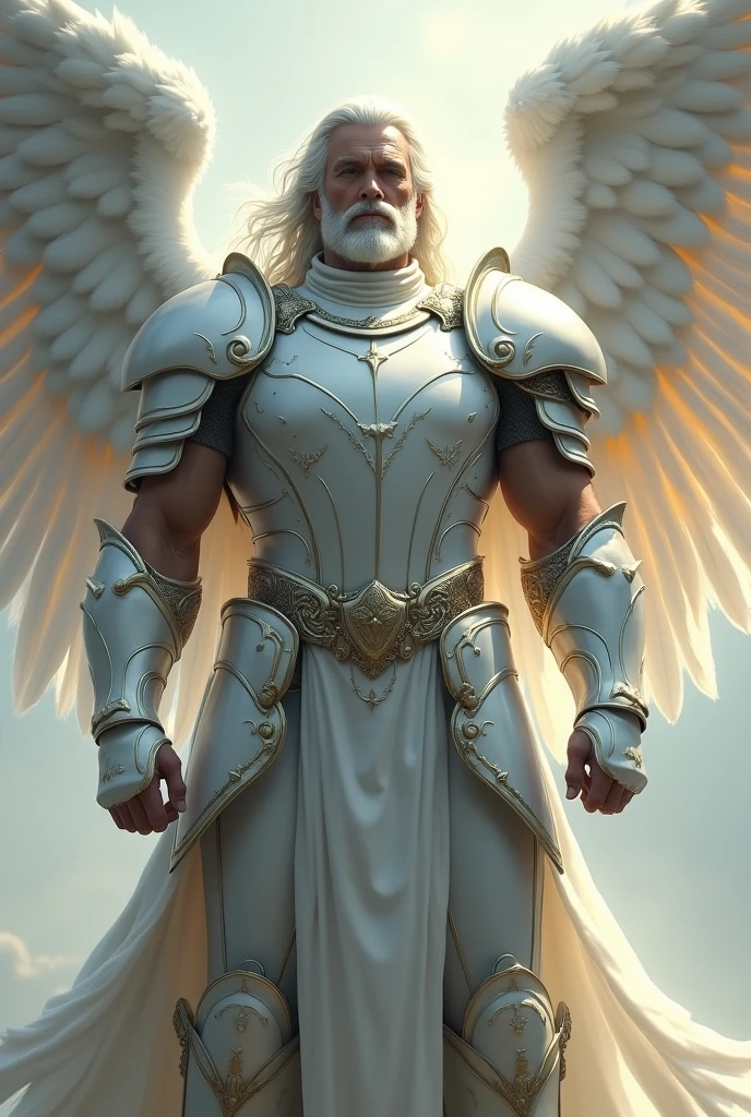 Muscular knight in white armor with angel wings, without helmet and white hair