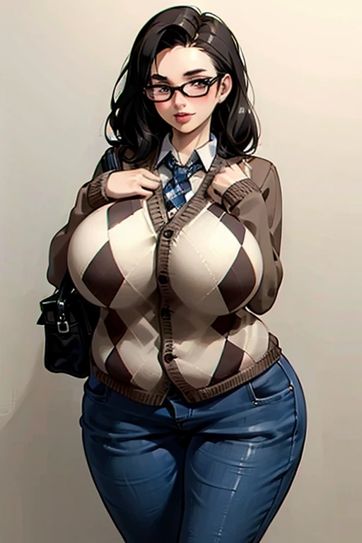 (best quality), (masterpiece), 1 girl, early 20's, huge heavy breasts, busty, massive breasts, thick, thick lips, wide hips, thin waist, argyle cardigan