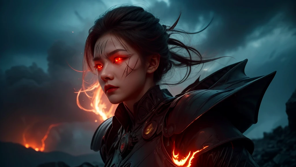 masterpiece, highest quality, dragonlady queen, bright red glowing eyes, detailed eyes (1.4), scars on face, villainous expression, flaming skin body with bioluminescent glowing pattern, ready for battle, blurred stormy background, dark atmosphere, lighting in background,full body,
