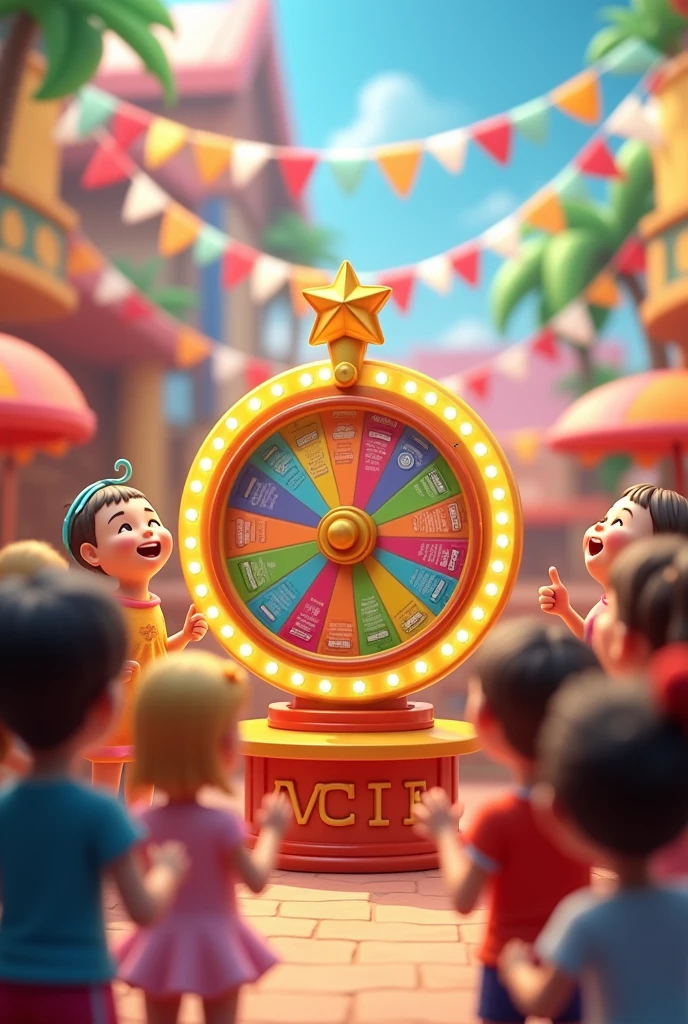 A children's play area small lucky wheel,have many children come to the lucky wheel, have many gifts, childrean receive gift, 3D