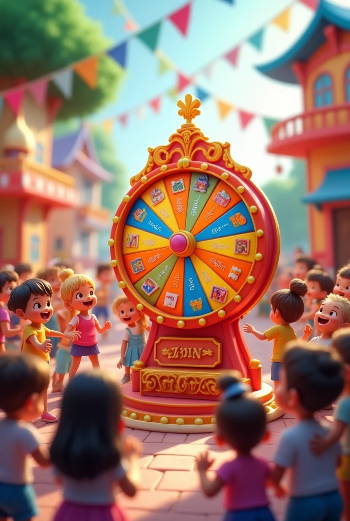 A children's play area small lucky wheel,have many children come to the lucky wheel, have many gifts, childrean receive gift, 3D
