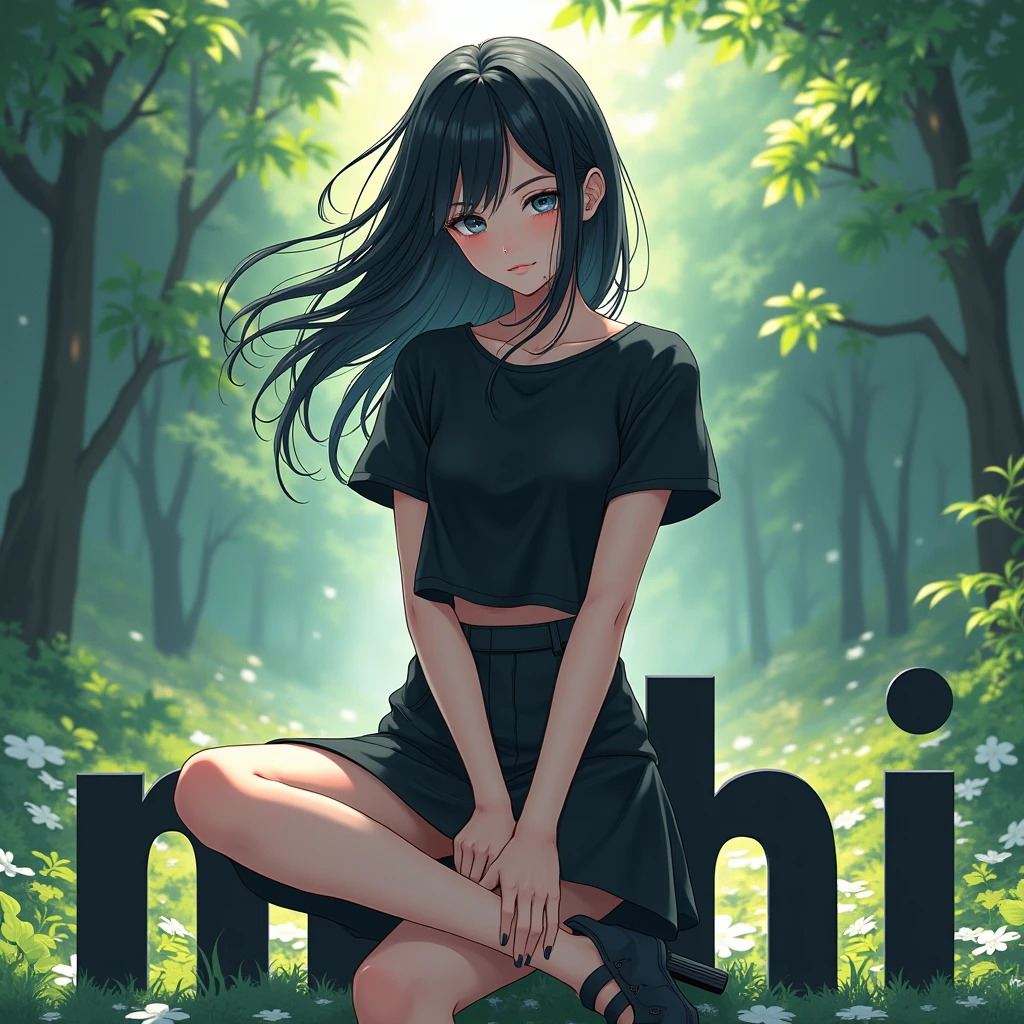 a anime style 20 year girl wearing black tshirt, and black skirt. she has a black hair. and she sitting on the large text "MAHI". And behind nature Background. Vibrant, 4k, ULTRA HIGH, UHD.