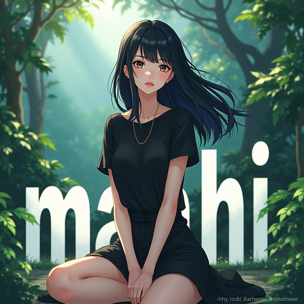 a anime style 20 year girl wearing black tshirt, and black skirt. she has a black hair. and she sitting on the large text "MAHI". And behind nature Background. Vibrant, 4k, ULTRA HIGH, UHD.