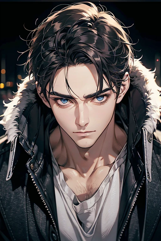 (Best Quality,4k,8k,high resolution,Masterpiece:1.2),ultra detailed,(realist,photorealist,photo-realist:1.37),1 man,31 years,mature man,muscular,square jaw,very handsome,without expresion,short gray black hair,hairstyle,Blue eyes,glare,perfect face without mistakes,imposing posture,collar jacket,leather jacket,dark background,cinematic lighting,imagen HDR
