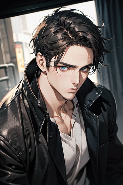 (Best Quality,4k,8k,high resolution,Masterpiece:1.2),ultra detailed,(realist,photorealist,photo-realist:1.37),1 man,31 years,mature man,muscular,square jaw,very handsome,without expresion,short gray black hair,hairstyle,Blue eyes,glare,perfect face without mistakes,imposing posture,collar jacket,leather jacket,dark background,cinematic lighting,imagen HDR
