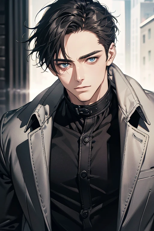 (Best Quality,4k,8k,high resolution,Masterpiece:1.2),ultra detailed,(realist,photorealist,photo-realist:1.37),1 man,31 years,mature man,muscular,square jaw,very handsome,without expresion,short gray black hair,hairstyle,Blue eyes,glare,perfect face without mistakes,imposing posture,collar jacket,leather jacket,dark background,cinematic lighting,imagen HDR
