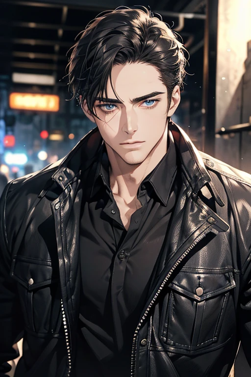 (Best Quality,4k,8k,high resolution,Masterpiece:1.2),ultra detailed,(realist,photorealist,photo-realist:1.37),1 man,31 years,mature man,muscular,square jaw,very handsome,without expresion,short gray black hair,hairstyle,Blue eyes,glare,perfect face without mistakes,imposing posture,collar jacket,leather jacket,dark background,cinematic lighting,imagen HDR