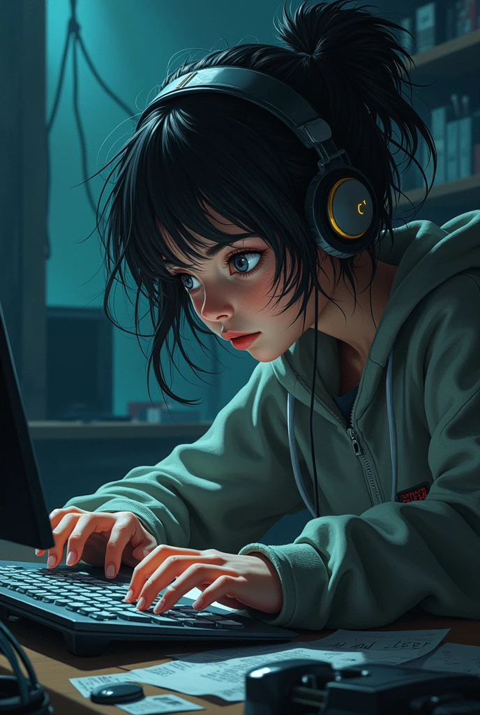 A girl with headphones in ear and written below eat sleep and code. Girl with messy hair