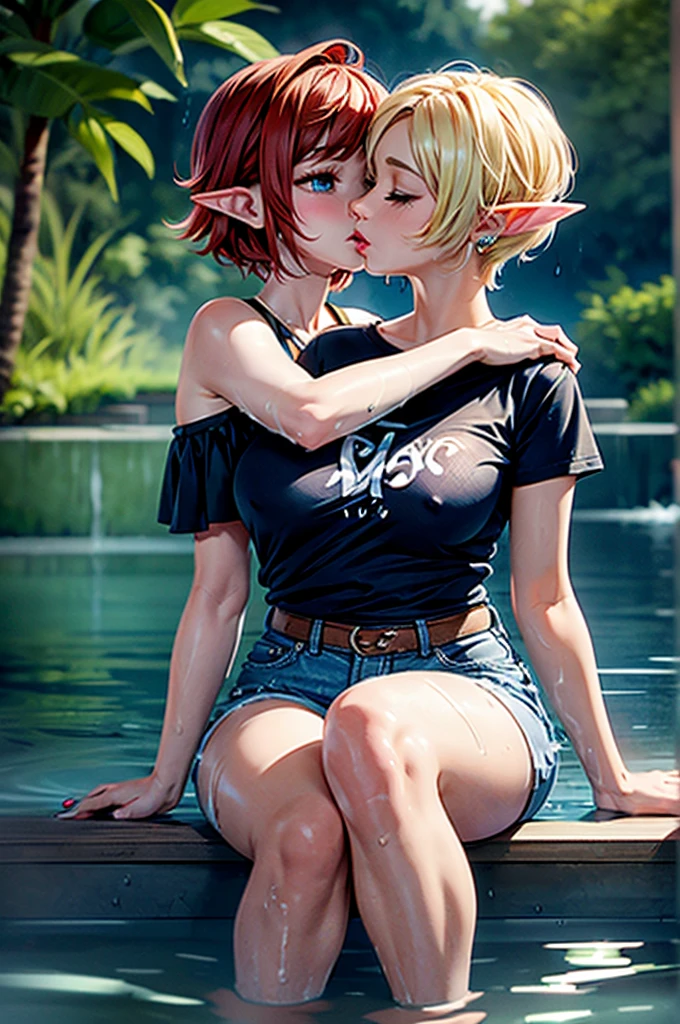 2girls, one is a female elf, short red hair, blue eyes, curvy body, full pouty lips, White off the shoulder tee shirt: 1.5, blue micro denim shorts, other one is a female elf, short blonde hair, blue eyes, slim body, full pouty lips, Black tee shirt, blue denim mini shorts, black heels ((Sitting in water, holding each other, kissing: 1.6))