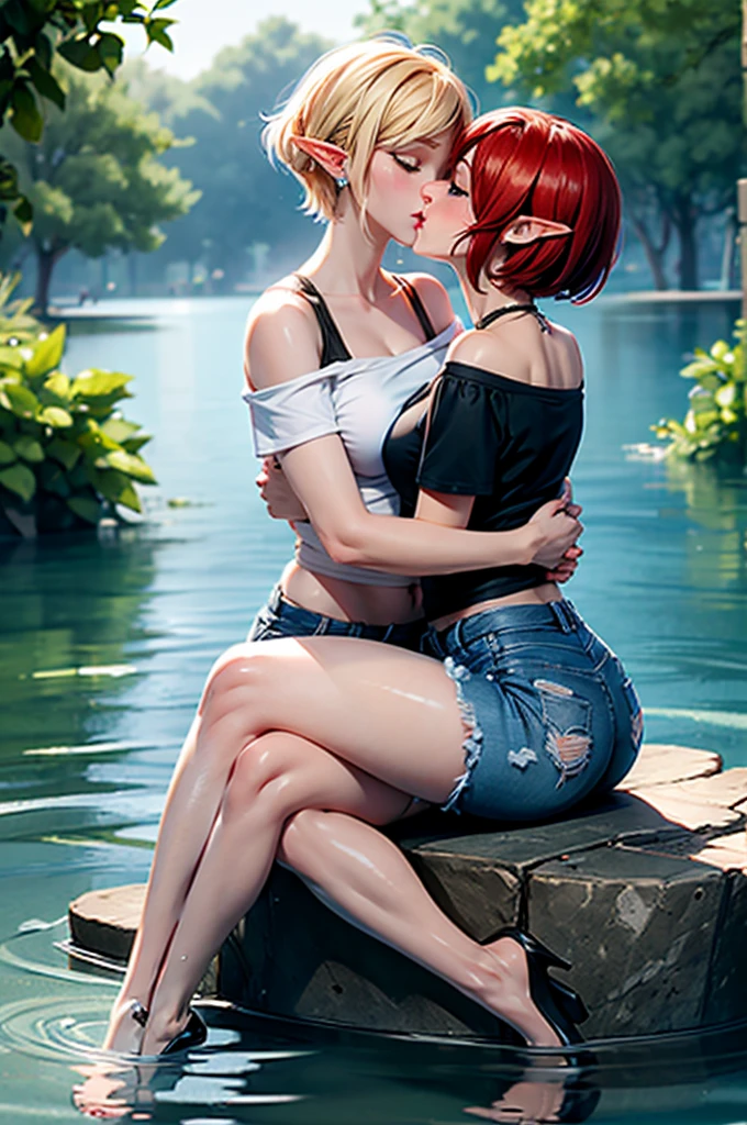 2girls, one is a female elf, short red hair, blue eyes, curvy body, full pouty lips, White off the shoulder tee shirt: 1.5, blue micro denim shorts, other one is a female elf, short blonde hair, blue eyes, slim body, full pouty lips, Black tee shirt, blue denim mini shorts, black heels ((Sitting in water, holding each other, kissing: 1.6))