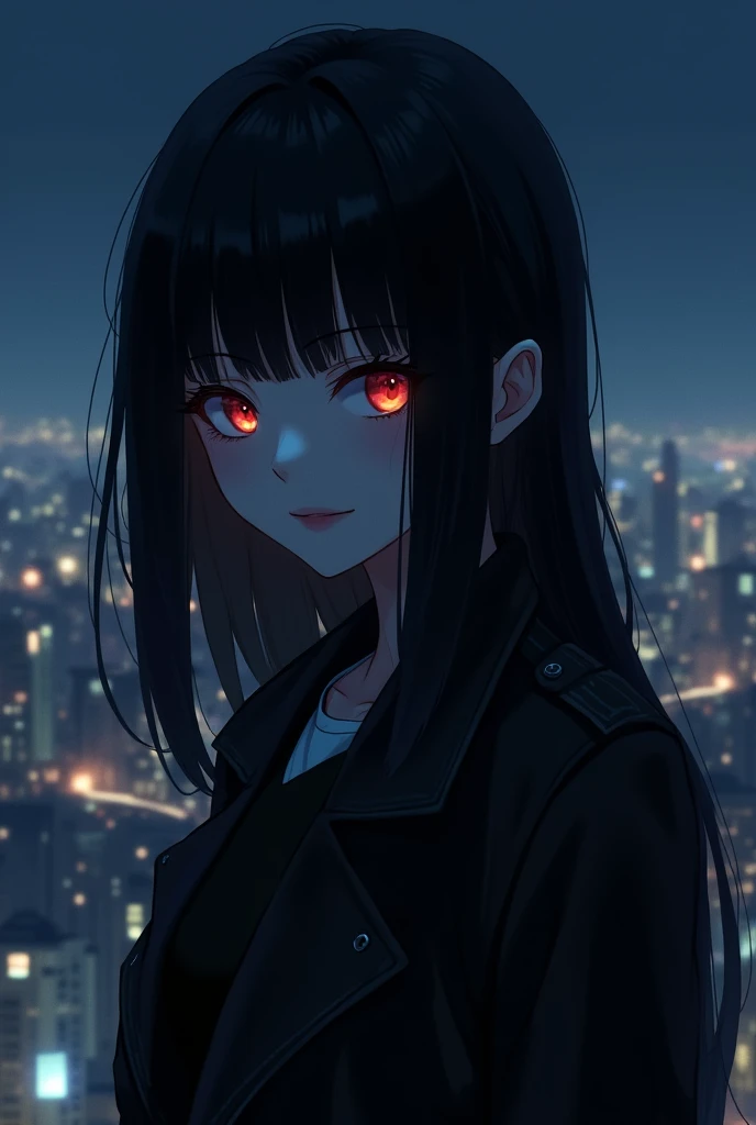 make me an anime character genre:female skin:white hair: black background:city at night pose:waving with mischievous eyes clothes:black jacket Only half of the body can be seen And the character can be seen more than the city