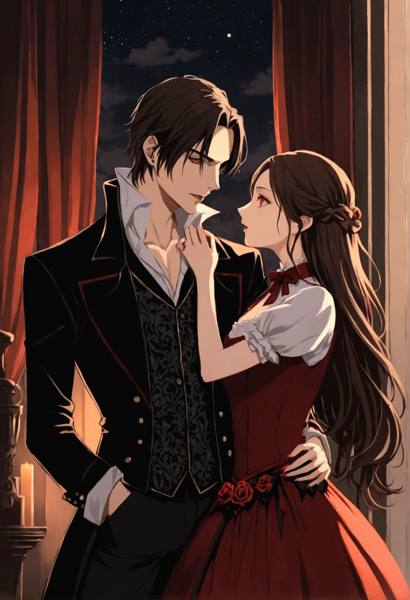 A nighttime couple where a vampire and a hunter are loving each other (The vampire with an elegant and beautiful outfit and the hunter with clothes similar to the style of the protagonists of the film "Pact with wolves").