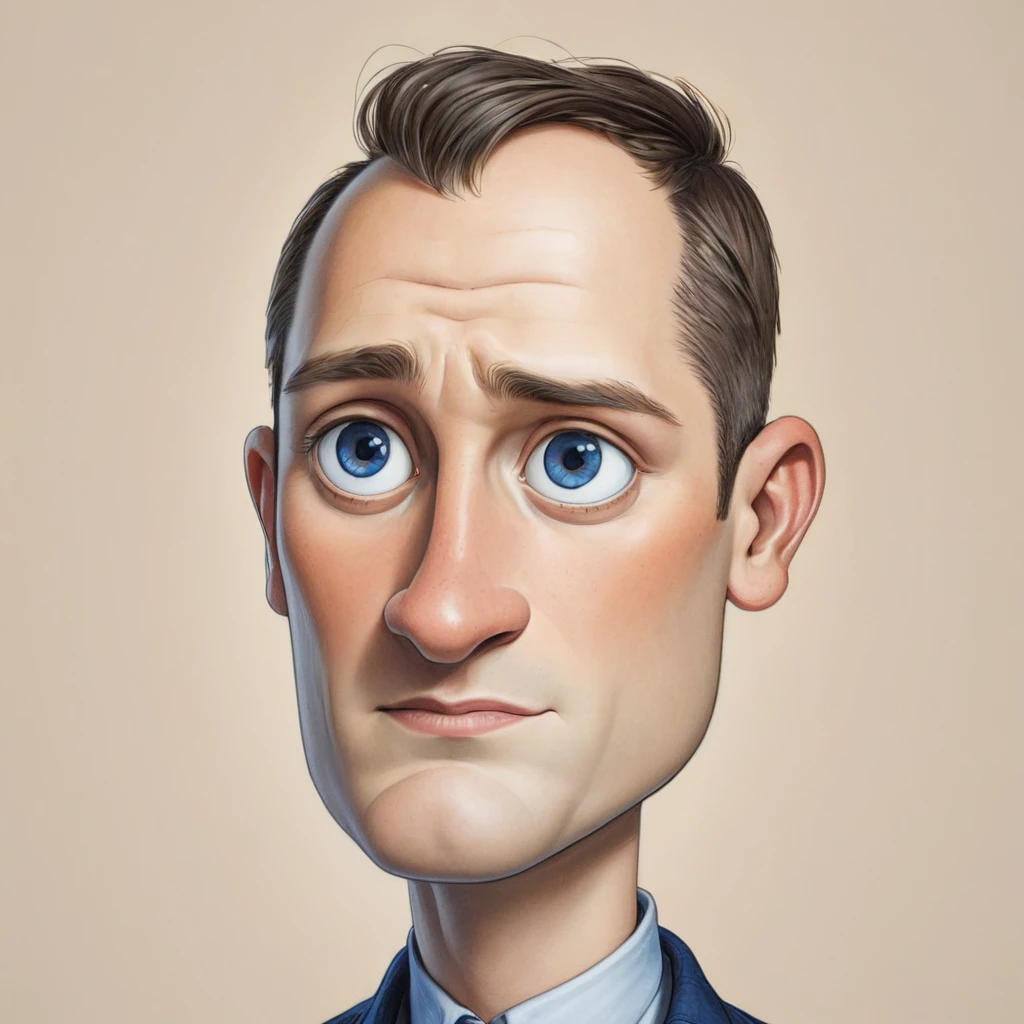 cartoon drawing of a European man, very beautiful, wide chin, oval face shape, short haircut, dark blue eyes, Broad face, at the age of 30 years, medium height in artistic style Mattias Adolfsson