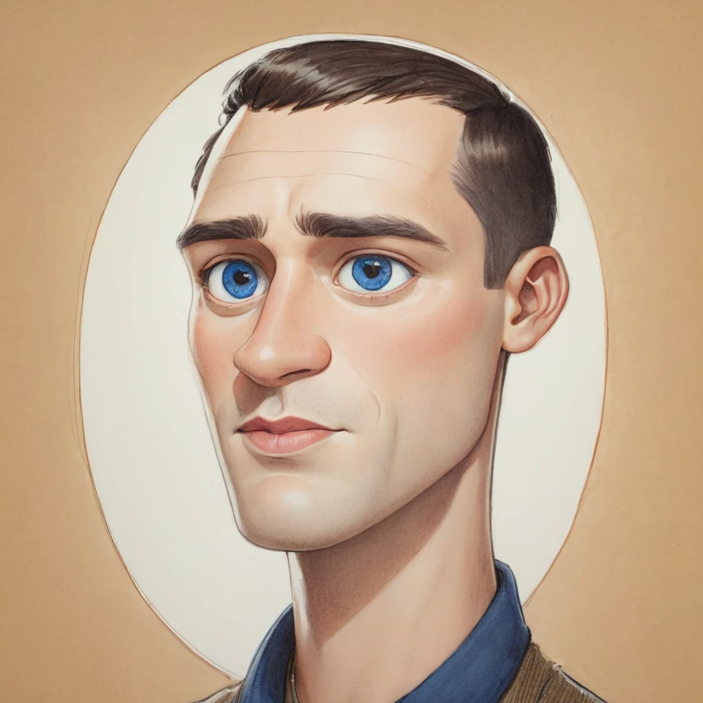 cartoon drawing of a European man, very beautiful, wide chin, oval face shape, short haircut, dark blue eyes, Broad face, at the age of 30 years, medium height in artistic style Mattias Adolfsson