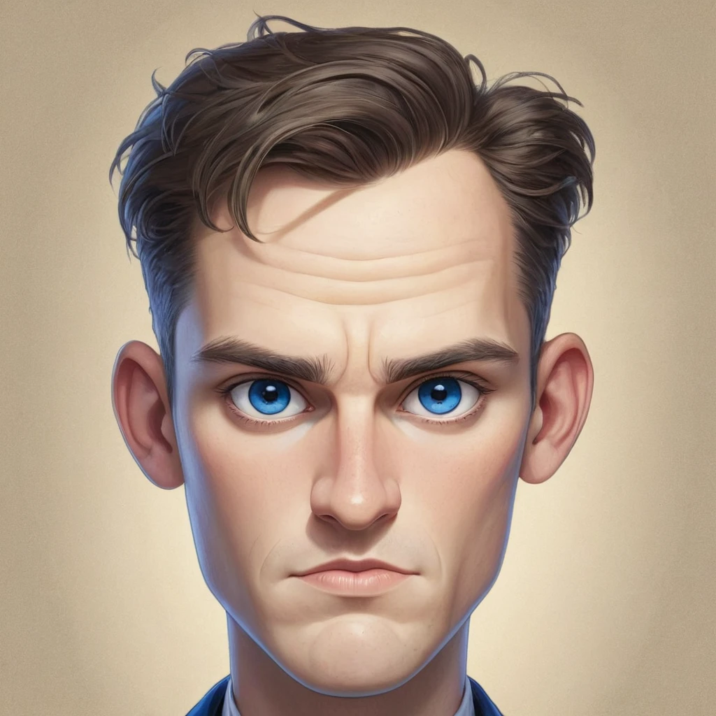 cartoon drawing of a European man, very beautiful, wide chin, oval face shape, short haircut, dark blue eyes, Broad face, at the age of 30 years, medium height in artistic style Mattias Adolfsson