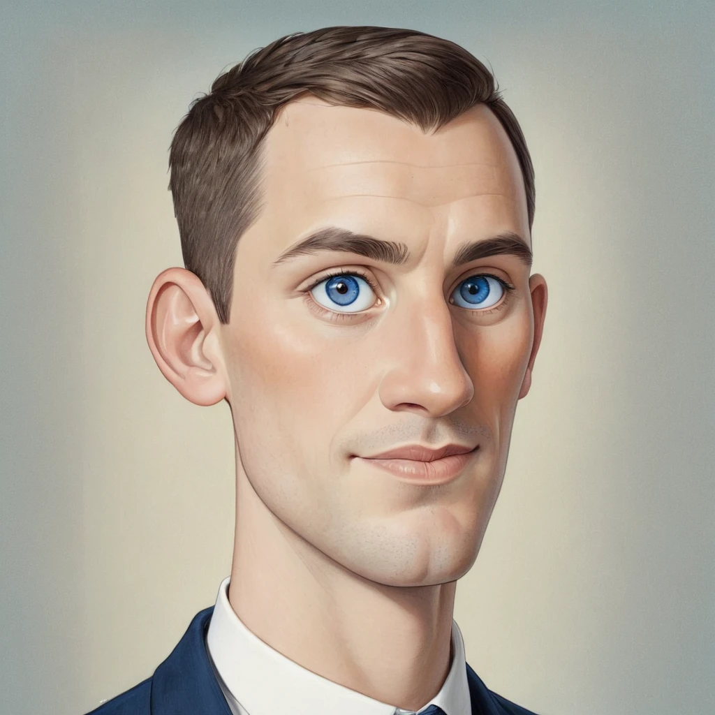 cartoon drawing of a European man, very beautiful, wide chin, oval face shape, short haircut, dark blue eyes, Broad face, at the age of 30 years, medium height in artistic style Mattias Adolfsson