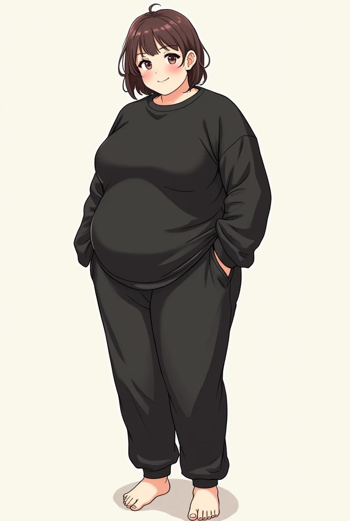 Create a detailed illustration of a woman with chubby cheeks and a medium body frame. She has short hair and noticeable curves, and is dressed in loose jogging pants and an oversized black shirt. The image should feature her whole body, including her complete face, expressive eyes, and visible hands and feet. Capture a relaxed and comfortable vibe in her outfit and posture."
