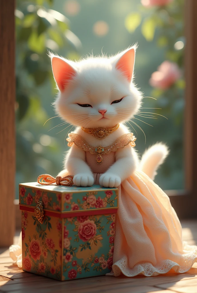 The white cat in beautiful dress bought the colored box.
