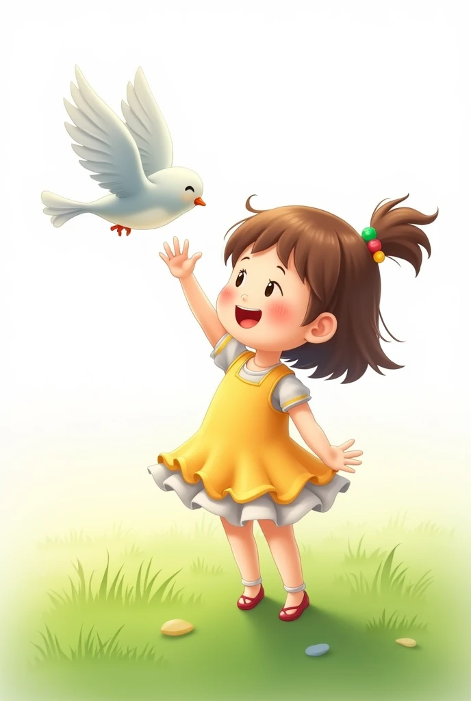 white background,cute liitle girl standing on grass,rais her hands to little bird,little bird flying,cute colorful frock wearing girl,smilling face