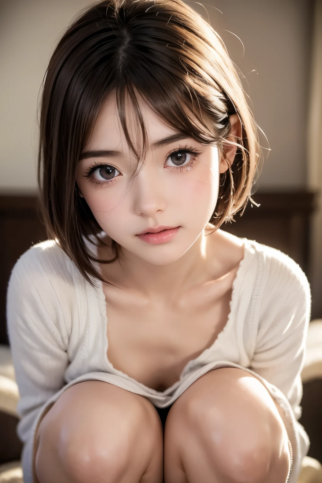 (cry)、Cute Girl、Highly detailed face、Attention to detail、double eyelid、Beautiful thin nose、Sharp focus:1.2、beauty:1.4、(short hair)、Pure white skin、Highest quality、masterpiece、Ultra-high resolution、(Realistic:1.4)、Highly detailed and professional lighting、blush、(((squat)))、Slightly shiny skin、Small breasts、Pleated skirt
