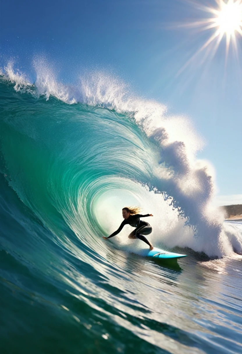 Cool female surfers, a breathtaking seascape with massive crashing waves, clear water tubes, sunlight streaming through the waves, water splashing and spraying, the raw beauty of nature, (best quality,4k,8k, higher, masterpiece:1.2), ultra-detailed, (realistic, photorealistic, photo-realistic:1.37), No suggestions lighting, extremely detailed, professional, vivid colors, dramatic lighting