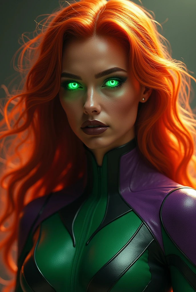 (photorealism:1.2),  real female with striking, glowing complet emerald eyes and 
eyelashes emerald  voluminous, fiery red hair that appears to be ablaze. Her skin is a smooth and tanned , light tan, and she has dark, glossy lips. She is wearing a form-fitting suit with a green and purple color scheme, indicating affiliation with the X-Men. The background is a gradient of dark to light hues, Body complet