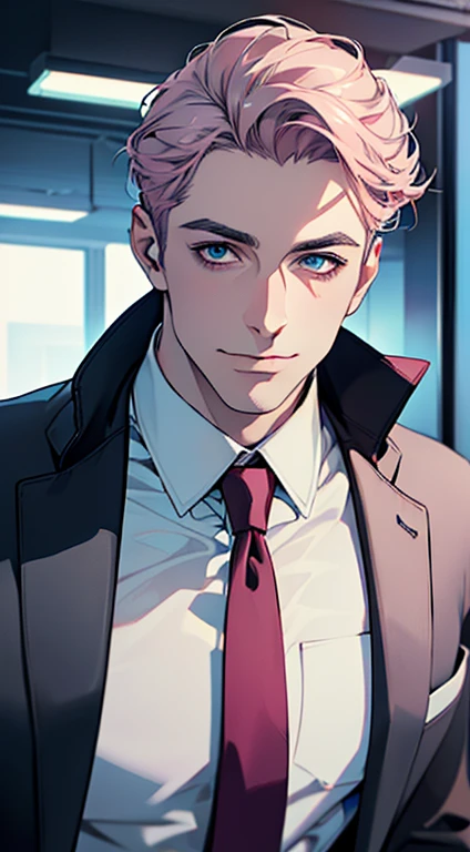 (best quality,4k,8k,highres,masterpiece:1.2),ultra-detailed,(realistic,photorealistic,photo-realistic:1.37),1 man,3,mature man,very handsome,without expression,smile,short grey pink hair,blue eyes,penetrating gaze,perfect face without errors,imposing posture,businessman,office background,cinematic lighting,hdr image