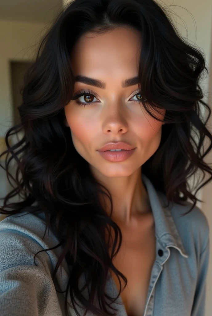 Selfie, wink, woman with cute baby face, attractive and seductive expression, shy, Black curly hair, brow, make up, dark shaped eyes, superlative body proportions, wearing a loose knit shirt, tight leather pants, engineer boots, artistic, hyper, CG graphic digital art