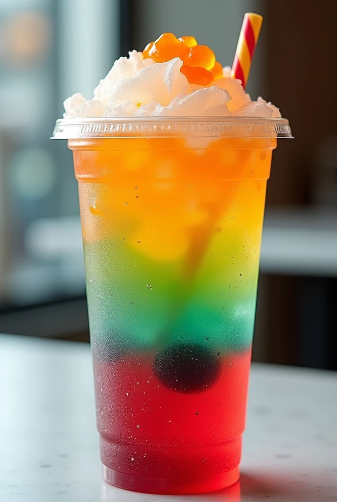 Make me that has a little clear sparkling soda  on top Strawberry soda color on a lower and also the,passion fruit soda ,green apple soda, blue berry soda for business in a plastic cup with a toppings of orange and white jelly on top 