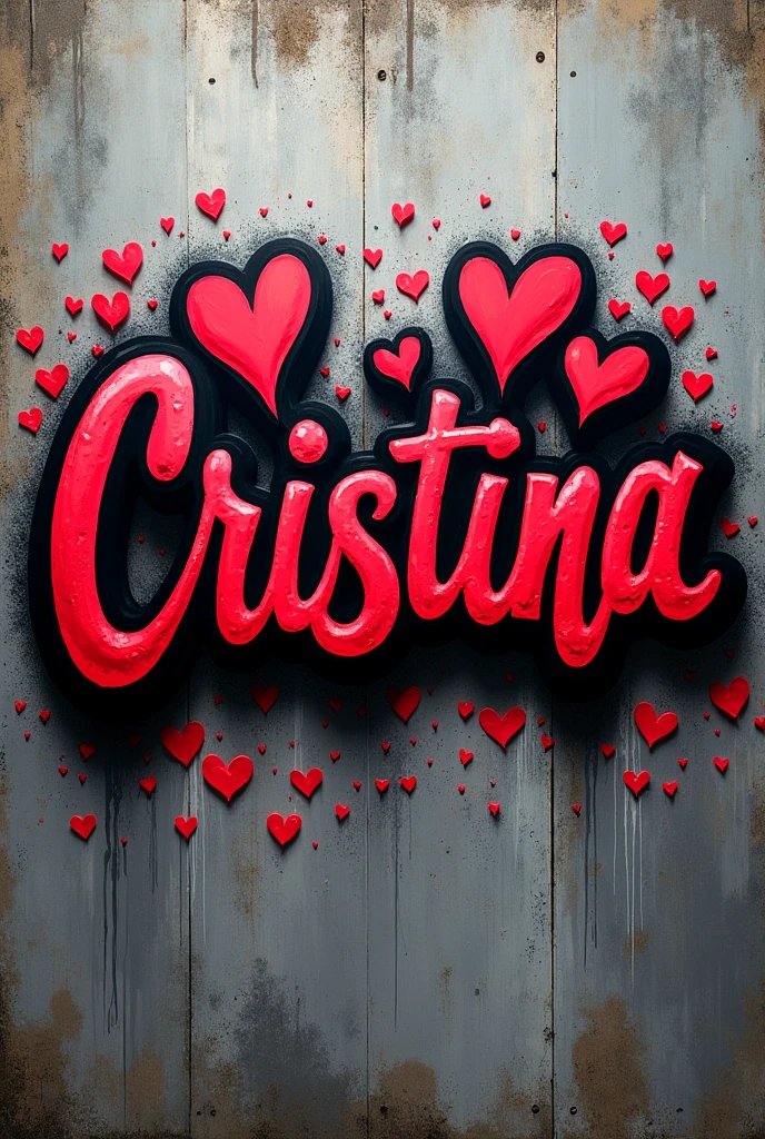 Make a graffiti image with black and red colors with the name Cristina with hearts