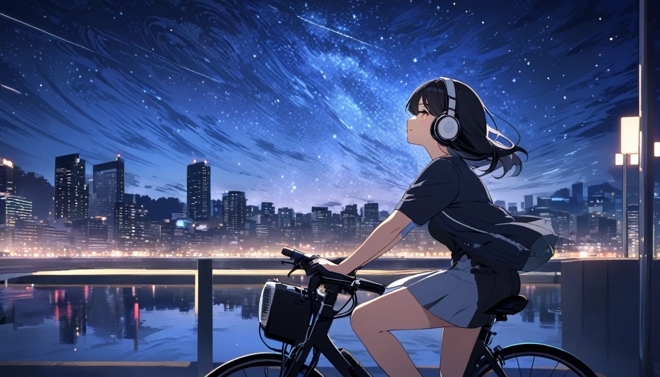 a beautiful young japanese woman with long black hair cycling through a park in tokyo at night, starry night sky, cityscape, listening to music