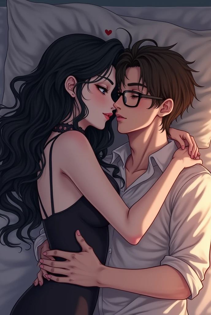 Una chica gotica de White skin y ojos grises, Long hair, black curly and big breasts,lovingly hugging her brown-haired boyfriend in bed, White skin, Brown eyes, and glasses, anime style