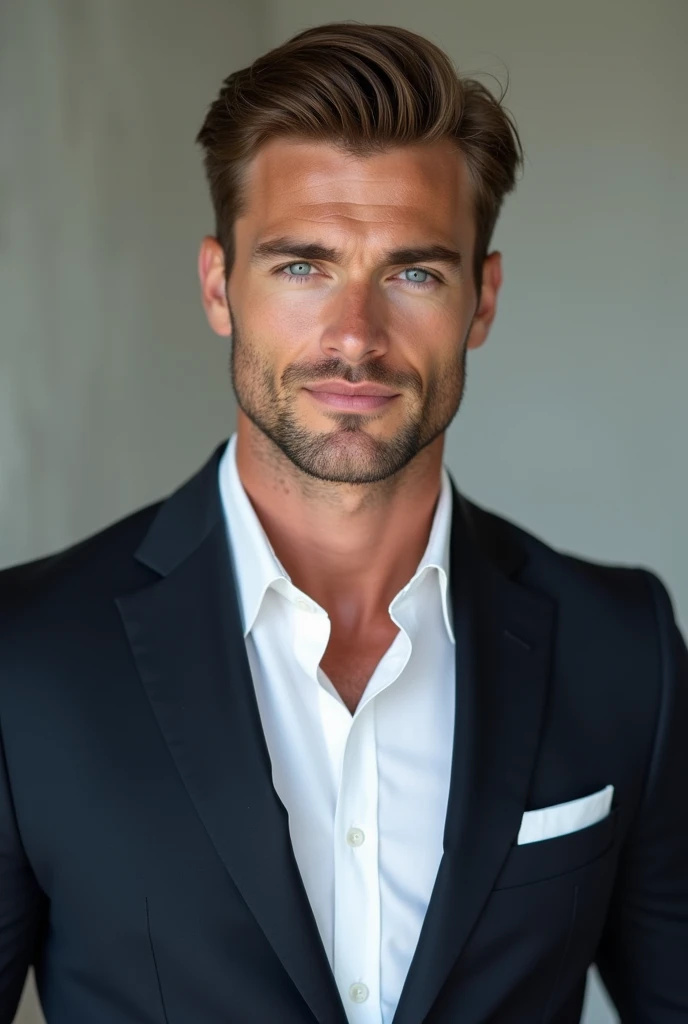realistic portrait of a 26-year-old well-dressed and handsome French man named John with defined muscles. Face should be matching in all photos. Need more photos of john. One more. Need a sexy pic of john. Give a photo without shirts.