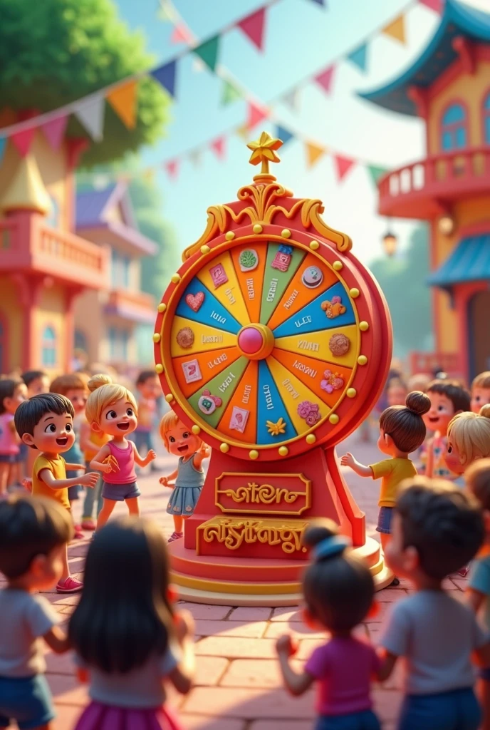 A children's play area small lucky wheel,have many children come to the lucky wheel, have many gifts, childrean receive gift, 3D