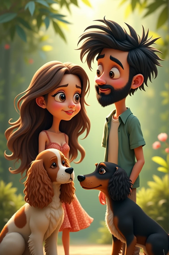 Long brown haired woman with a cocker spaniel and a man with messy black hair and no facial hair with a Pincher at his side