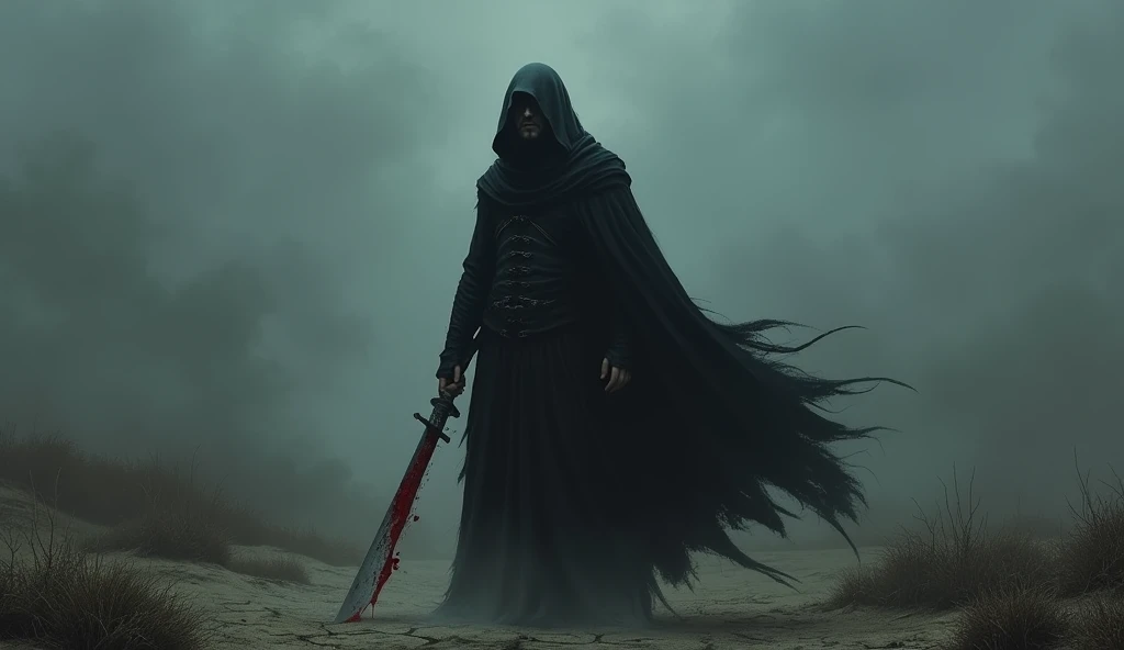 "A somber and dramatic scene showing a man in a dark cloak holding a blood-stained weapon, standing in a dimly lit, desolate setting."
