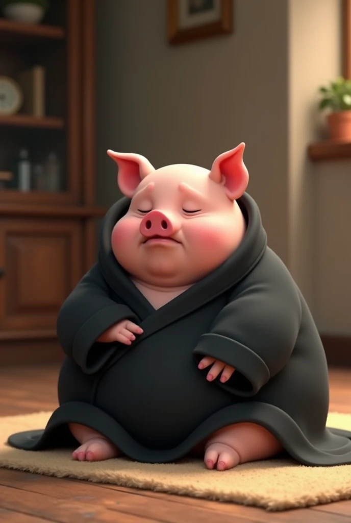 Animation of a lazy pig in a black robe