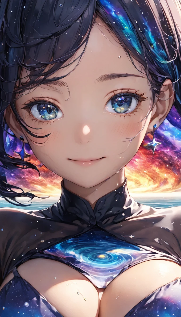 anime illustration, ((((highest quality)))), (((Ultra-precision CG 16K))), (((masterpiece))), BREAK skinny body, slender waist, medium Breasts, (((perky breasts))), ((sagging breasts)), (covered nipples), (((tanned skin, tan lines))) , BREAK (written in detail of face, smiling, blush, determined expression, sweaty , Heavy breathing, embarrassed, ) , (natural make), BREAK narrow eyes, (streaked hair, hair intakes, colored inner hair, ) BREAK (((wearing printed oversized clothing , wearing wide-leg-pants, breasts is covered by outfit, (detailed panty), Narrow aisles,))) , wearing earrings , BREAK ( stick breast out,) BREAK (( ripples , horizon , under the cosmic sky on the cosmic sea , cosmic effects, a girl blended into the background)), (((close-up of face, bust-up shot, looking at viewer, ))), BREAK ((cinematic , from random angles, ((Distant view, Panorama)), looking at viewer, )) , pinup magazine pose, dancing