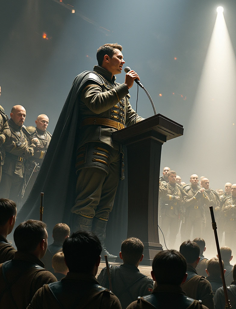 "A Commissar of the Imperium of Man stands on a dark stage, illuminated by a single spotlight. He sings passionately into a microphone, his face filled with fierce inspiration and determination. In the dimly lit foreground, a group of ordinary Imperial Guardsmen stand silently, listening in reverence, their faces partially obscured by shadows. The atmosphere is intense and solemn, with a contrast between the bright spotlight on the Commissar and the shadowy presence of the soldiers."