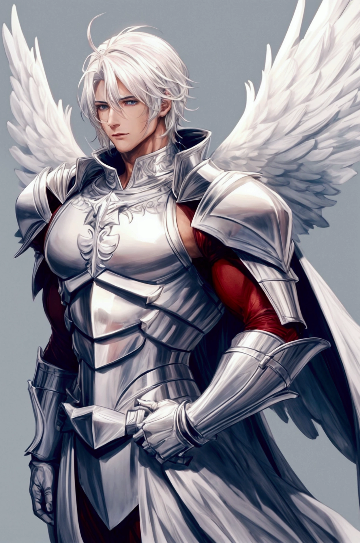 Muscular knight in white armor with angel wings, without helmet and white hair