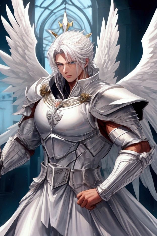 Muscular knight in white armor with angel wings, without helmet and white hair