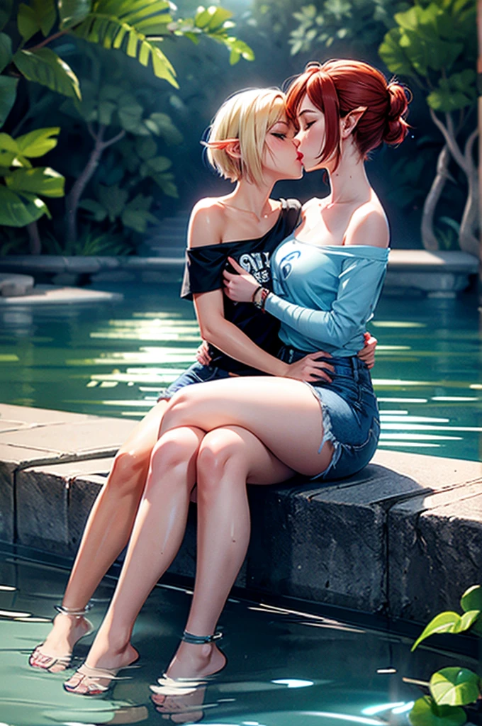 2girls, one is a female elf, short red hair, blue eyes, curvy body, full pouty lips, White off the shoulder tee shirt: 1.5, blue micro denim shorts, other one is a female elf, short blonde hair, blue eyes, slim body, full pouty lips, Black tee shirt, blue denim mini shorts, black heels ((Sitting in water, holding each other, kissing: 1.6))