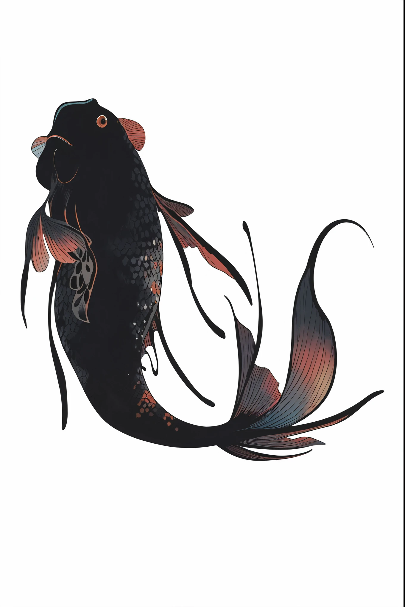 betta fish, stylized digital illustration, red scales on his back, in style of digital illustration, digital illustration, detailed digital illustration, rendered illustration, a beautiful artwork illustration, hd illustration, digital art illustration, digital drawing, artistic illustration, a close up of a black goldfish with short body and long red tail and a white background, a fish with relative to its tail with flame effect, black fire effects, black Fire, a drawing of a fish with thick outlines, thick drawing outlines, moor goldfish, anime style, white scales, big eyes fish, compact body fish
