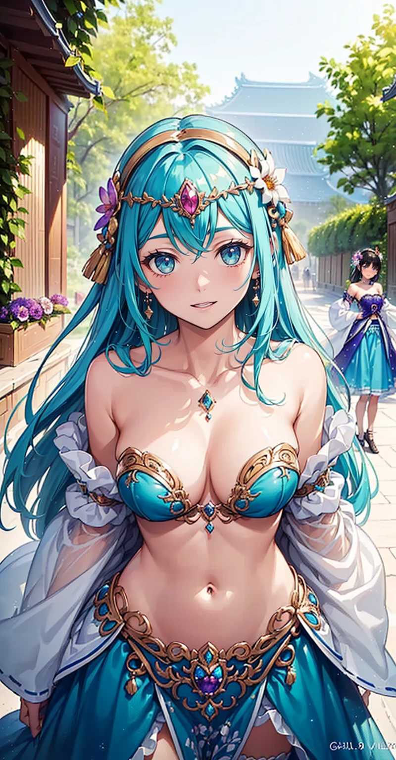 (最high quality,4K,8ก,High resolution,masterpiece:1.2),มีรายVery detailed,,,magic,Charm,happiness,Holy Goddess,magical effect,Silver Hair,blue eyes,Elegant evening dresses,Exquisite decoration,Features of the magical costumes of the heavens，A small amount of blue cloth,Elegant clothes,floor skirt,Lace details,Delicate frills,Bedroom,,at night,Lace Stockings,Sacred Belt,Transparent clothes,Jewelry decoration,(masterpiece:1.5), (((high qualityสุด, 最high quality, high quality))), ((There are intricate details., Very detailed, Crazy Details)), height, 32K, Very detailedな CG 8k ユニティ壁紙., (Beautiful and beautiful:1.2),, (Depth of written boundary:1.3), (perfection.:1.3), (Delicate depiction of every detail:1.4), (((Abundant natural light, Fun bright colors))), (Ambient Volume Backlight:1.5), (An illustration of a very beautiful young woman:1.3), (Upper Body:1.4), (perfectionな中心:1.4), (Natural Willow Pose:1.5), (((Dynamic gestures, Movie Corner))), (2:1.5), ((((2 people,beautiful girl),(((2 Young Women :1.4)))), Beautiful beautiful face, [(Detailed face:1.2):0.2], Bright Eyes, Pure Eros Face_Version 1, ulzzang-6500-Version 1.1, (gag:1.5), (Red lips:1.4), (Fuller lips:1.4), (smile:1.3), perfection attractive body, (((Accentuates feminine curves.))), Bright and radiant skin., Realistic Skin, Hair follicle, (((Tighten your stomach, belly button, between legs:1.3))),(((Traditional Thai costumes, Strapless, Strapless.))), (((Golden threads fluttering.))), (Fringe Tassel:1.3), (Tight long sleeves:1.4), (Single Neck), (The work shines.:1.5), (Elegant and exquisite clothing accessories:1.5), (jewelled embroidery:1.4), (Sparkly clothes:1.4), (Sparkling particles:1.3), (((The front seam is loose., Loose back seam))), (((Earrings, Armband, Barrette, hair accessory))), (Stand in a magical outdoor garden decorated with gems and colorful exotic flowers and shrubs.:1.5), (Outside the great ancient palace:1.5), Big Breasts, (Giant bust:1.2),Show me your breasts,The crack is obvious....,((Big Breasts))，(pubic), lift, I can see your chest,