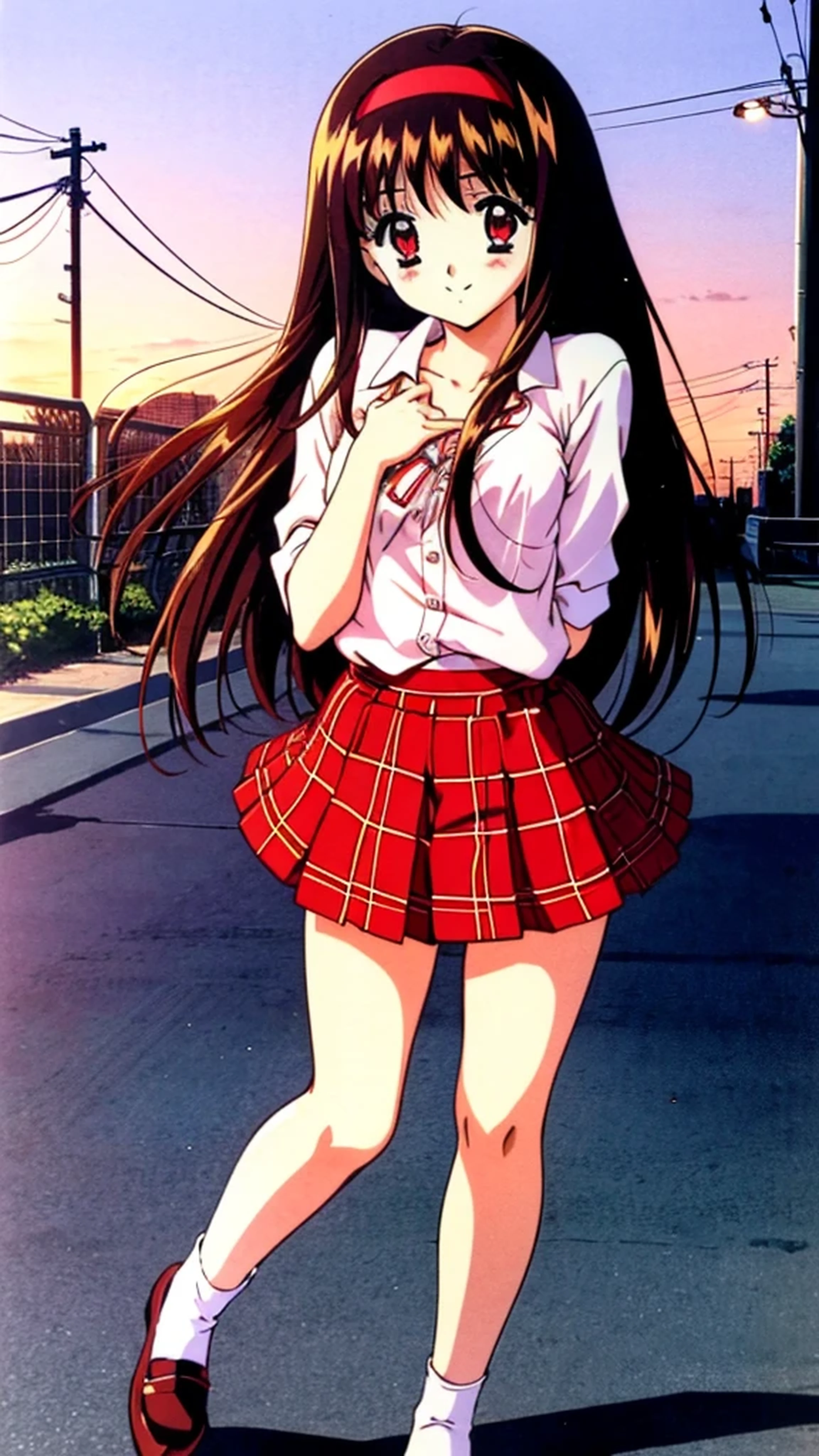 Yuki Mizuho, One person, a woman, Long Hair, hair band, Brown Hair, Red eyes, skirt, Red eyes, Plaid, Striped, ribbon, Plaid skirt, shoes下, shoes, retro artstyle, red skirt masterpiece, 1990s (style), expensive quality, very_expensive_solve, big_file size, Full Color, blush, Cute Smile Open your mouth, Are standing,(Winter Night、With the sunset and the fence behind、Receiving a confession on the school rooftop。I got closest to that smile:1.1), (Place your hands on your chest:1.3), Two Arms, (cinematic angle:1.1),