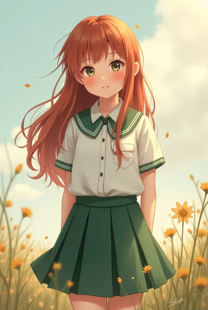 a girl with a white shirt and green kilt design skirt
