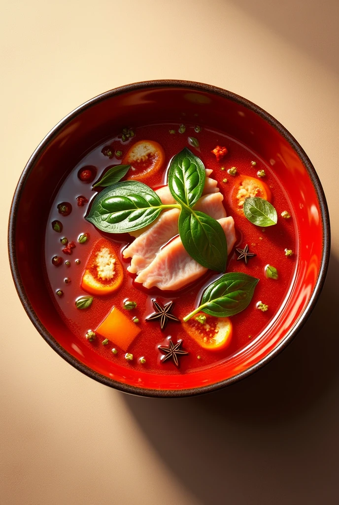 Create a bowl of malatang or Sichuan soup base only and up view bowl