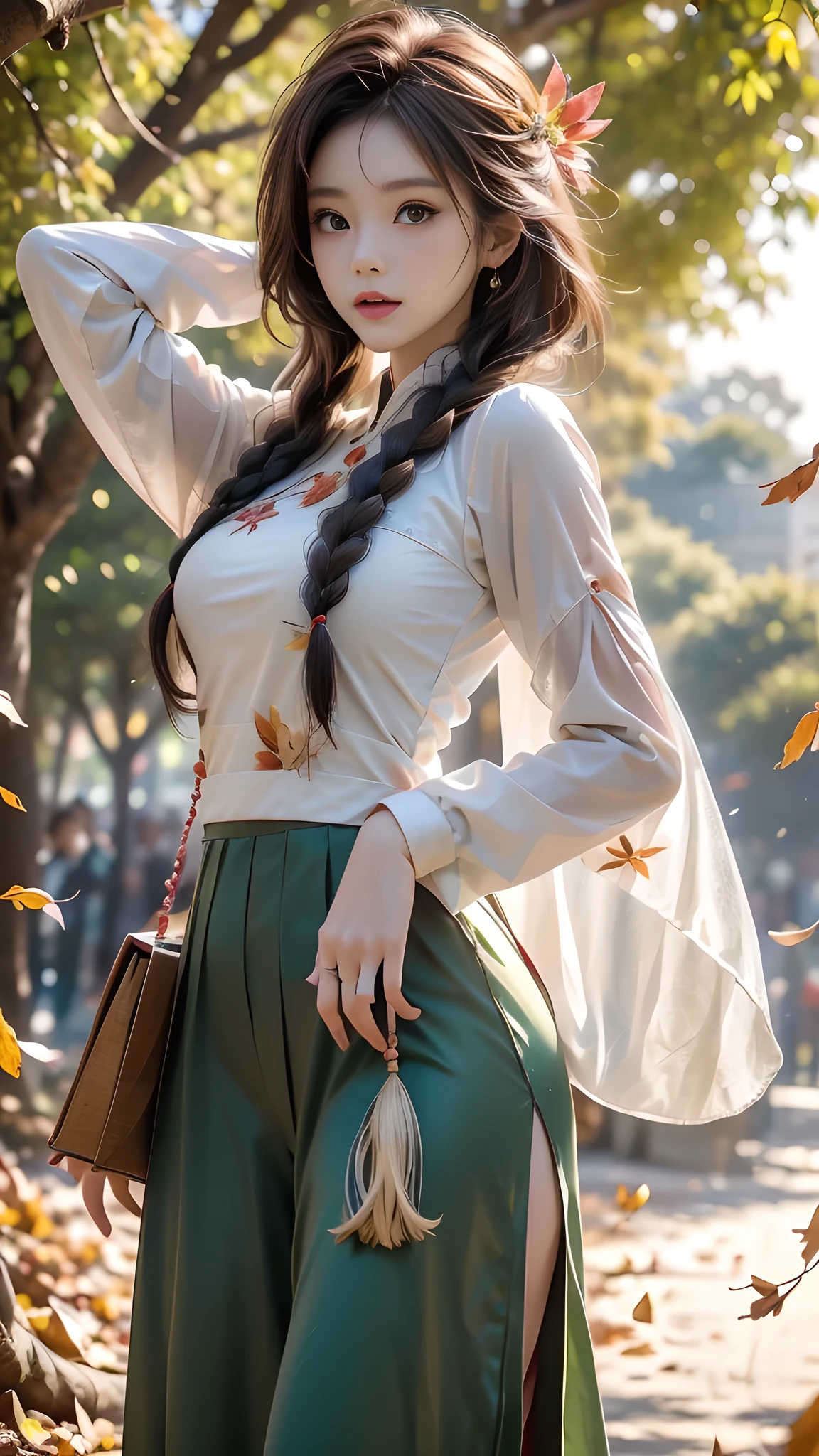 ulzzang-6500-v1.1, (RAW photo: 1.2), (Real photo), (Real photo: 1.4), 1 girl、Perfect anatomy、1、Looking at the camera、Medium length hair、side braid, Vietnamese ao dai, walking under a tree with many fallen leaves, in the sunset, ((under a tree with many fallen leaves: 1.1))、(Business service)、Asian eyes Ella,