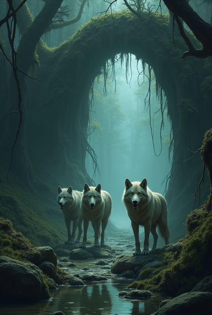 create an image of a cave in a swamp, guarded and protected by wolves where there is a portal to the spiritual world



